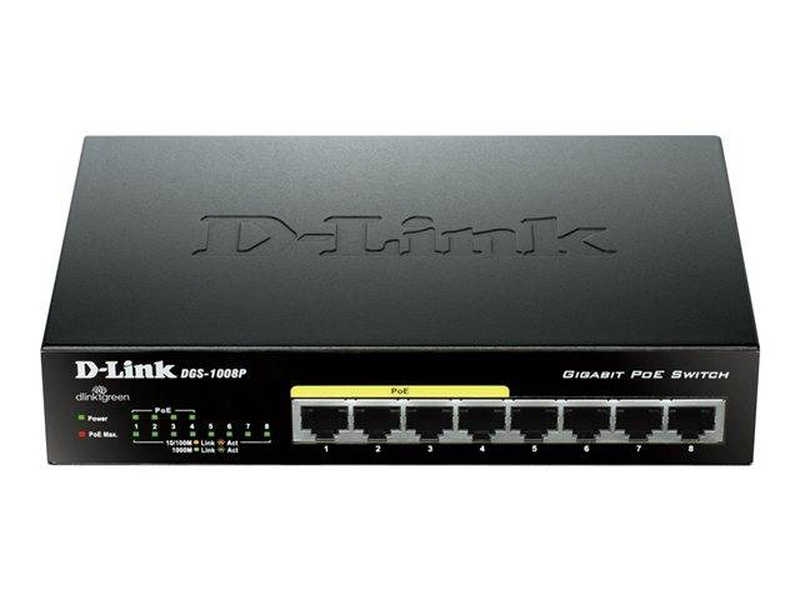 D-link dgs-1008p 8-port gigabit unmanaged desktop switch with 4-port poe plug and play black-null