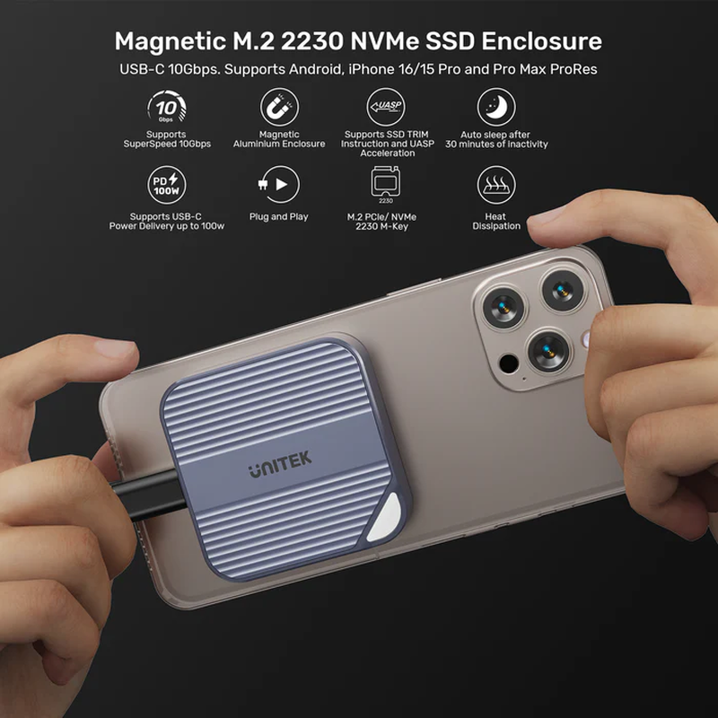 Unitek s1244a USB-c nvme/pcie m2 2230 magnetic SSD enclosure 10GBps pd100w (attach magnetically on the back of smartphone), , medium-null
