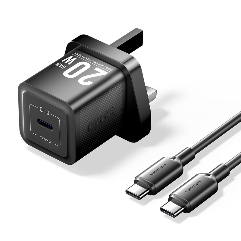 Vention charger wall gan 20w 1xUSBc uk + USB-c 1m cable black fepb0-uk-01, , medium-null