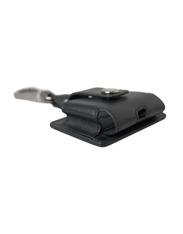 Black plain leather silver metal AirPods case-null