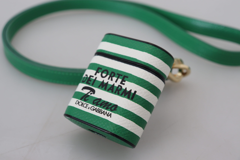 Green leather strap gold metal logo AirPods case-null