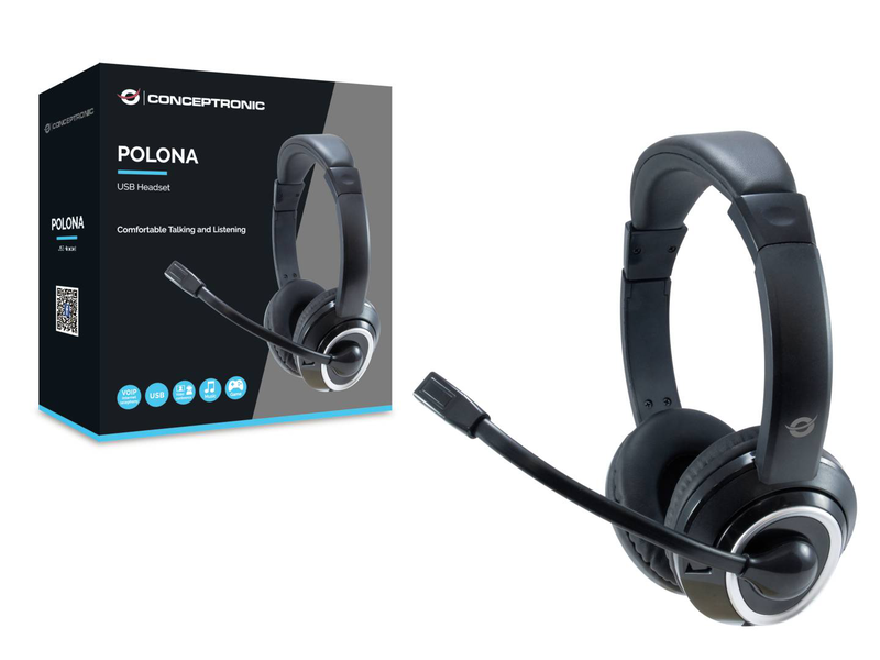Conceptronic polona01b stereo USB headset on-ear wired USB-a flexible boom mic volume and mute control black-null