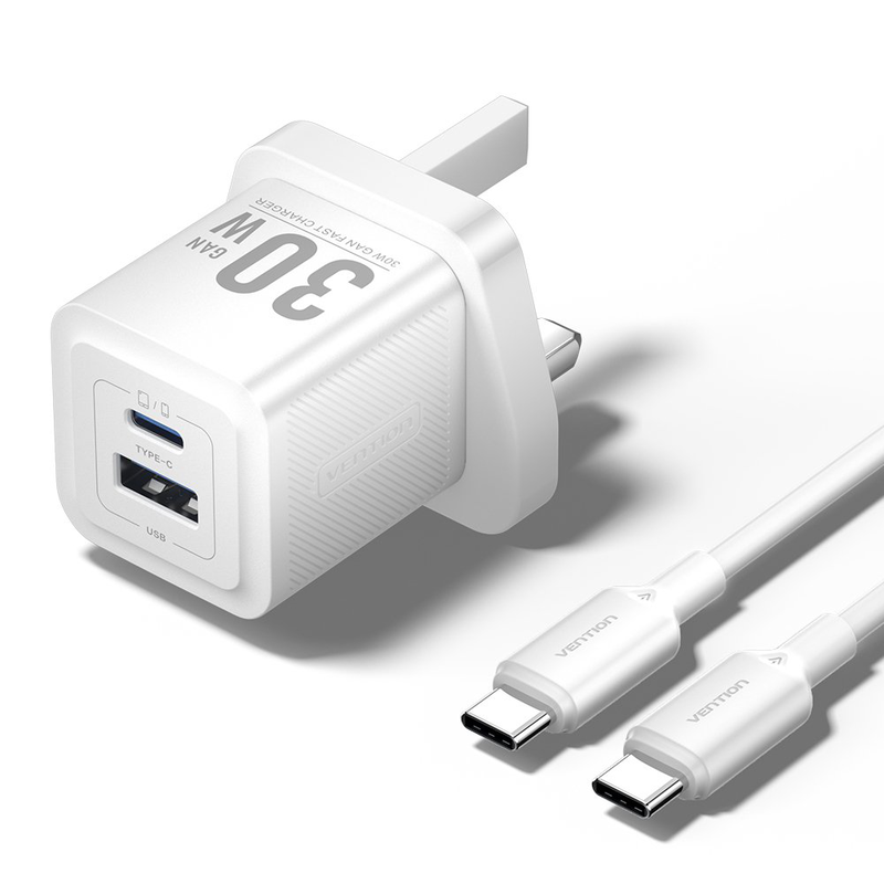 Vention charger wall gan 30w 1xa 1xc+USBc cable white tz-feqw0-uk-01, , medium-null
