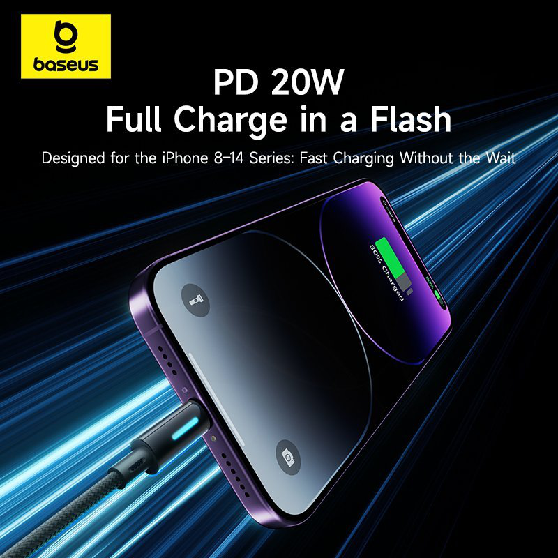 Baseus cable lightning to USB-c lit button series 20w 1m cosmic black, , medium-null