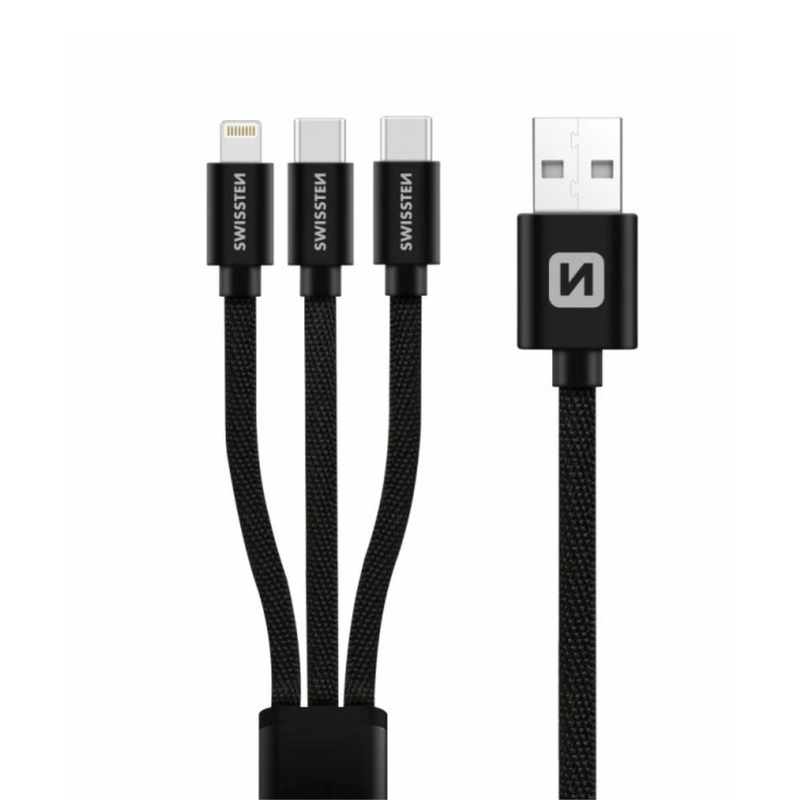 Swissten textile 3&sigma;&epsilon;1 &kappa;&alpha;&lambda;ώ&delta;&iota;&omicron; &phi;ό&rho;&tau;&iota;&sigma;&eta;&sigmaf; &mu;&epsilon; lightning & 2x USB-c 1.2m 72501103 &mu;&alpha;ύ&rho;&omicron;, , medium-null