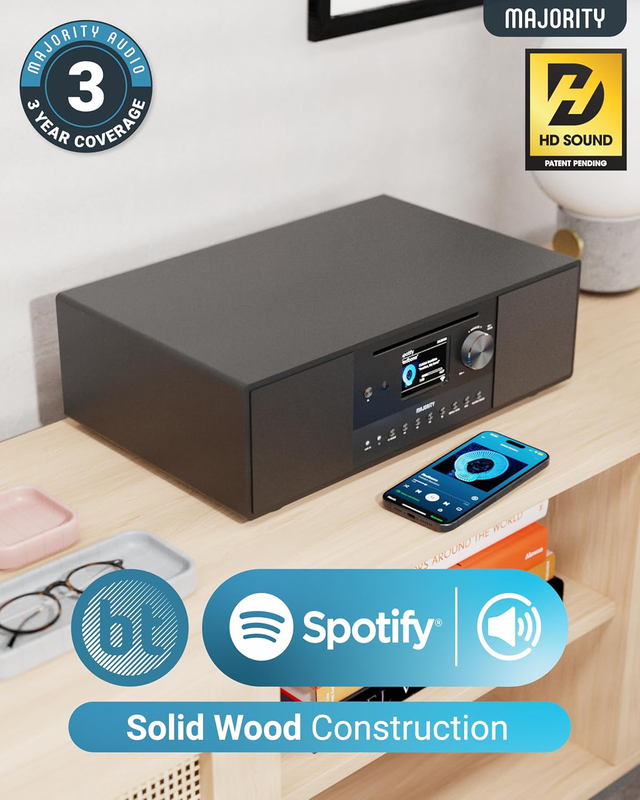 Product image: Majority mini hifi 2.1 120w cd/bt/USB/fm/iradio 6” sub quadriga black, , medium-null