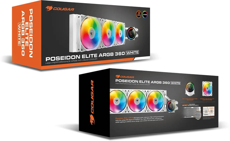 Cougar poseidon elite argb 360 white liquid CPU cooler 360mm aio triple 120mm va argb fans copper base remote-null