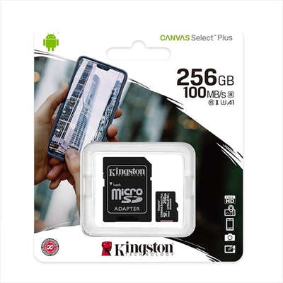 Kingston 256GB canvas select plus class 10 100mb/s micro sd