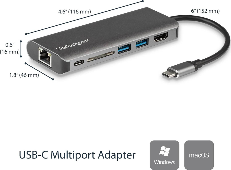 Startech dkt30csdhpd USB-c multiport adapter 4k HDMI sd card reader 2x USB 3.0 gigabit ethernet 100w pd grey-null
