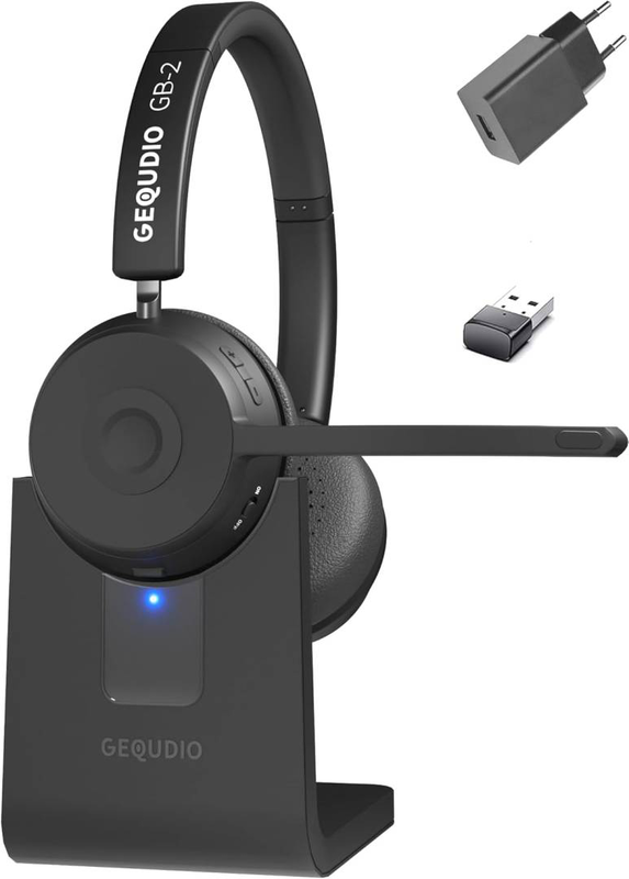 Gequdio gb-2 wireless bluetooth office headset noise-cancelling mic multipoint 39h USB adapter charging stand black-null