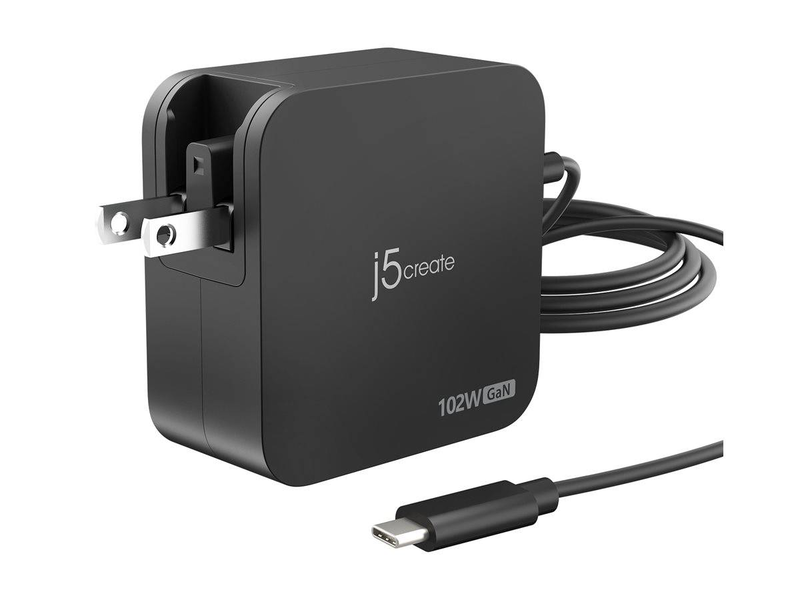 J5create jup25102v 102w gan pd USB-c 2-port charger tethered cable changeable ac plugs black jup25102v-n-null