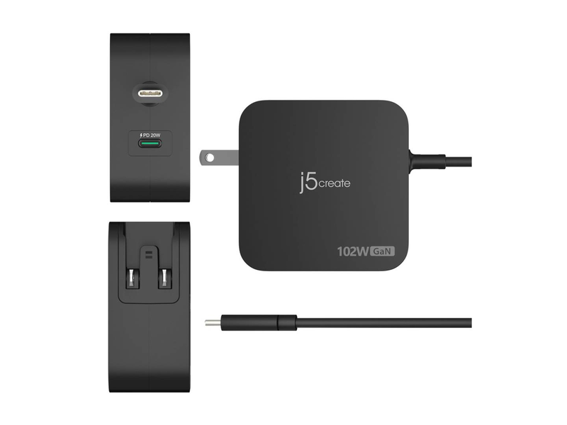 J5create jup25102v 102w gan pd USB-c 2-port charger tethered cable changeable ac plugs black jup25102v-n-null