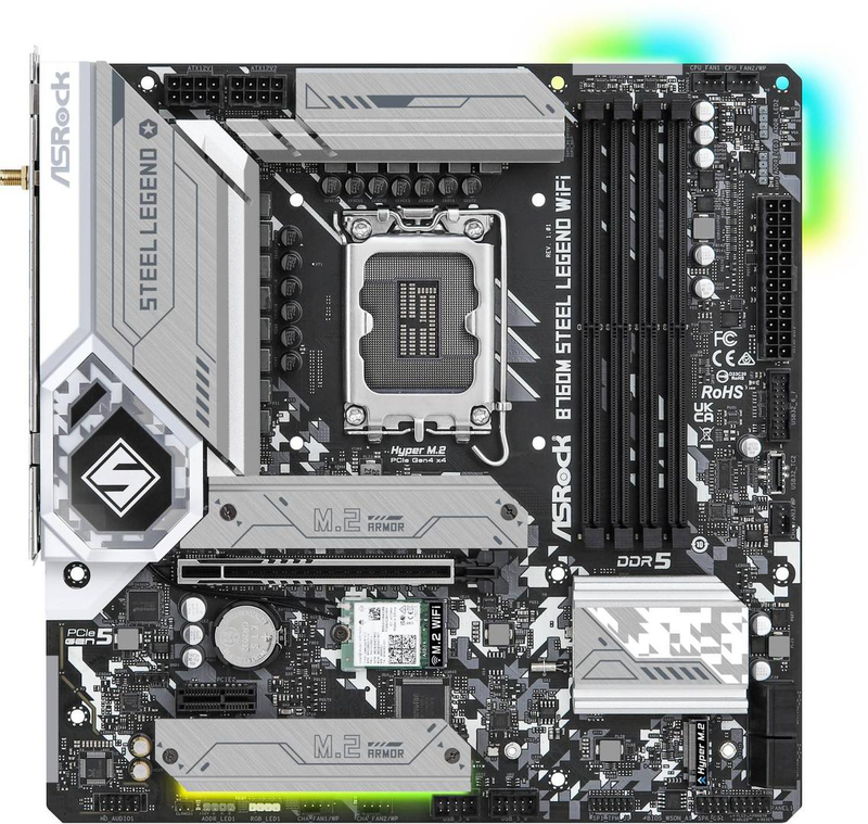 Asrock b760m steel legend Wi-Fi ddr5 micro-atx motherboard lga 1700 intel b760 pcie 5.0 triple m.2 Wi-Fi 6e 2.5GBe grey-null