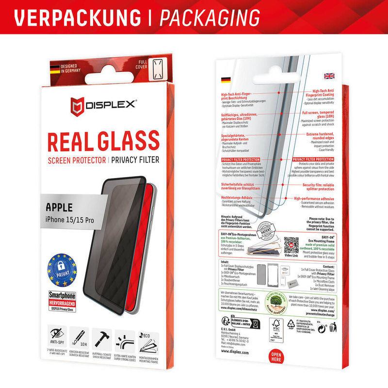 Displex real glass screen protector for mobile phone glass with privacy filter / 2-way / frame colour black / for apple iPhone 15, 15 pro, , medium-null