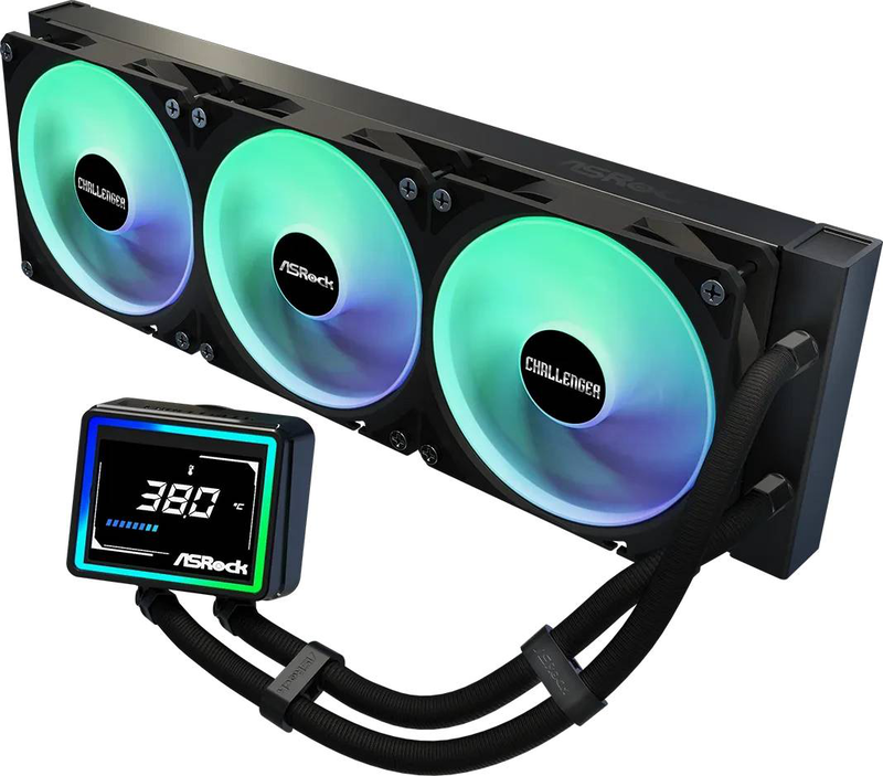 Asrock challenger 360 digital black argb liquid CPU cooler 360mm aio 3in display triple 120mm fans copper-null