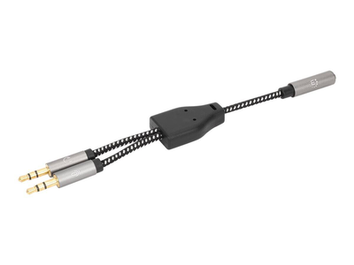 Manhattan headset adapter cable with stereo audio y-splitter, 3.5mm, aux, 15cm, female/2x male, splits single headset plug into microphone and audio plugs, slim design, black/silver, gold plated contacts and pure oxygen-free copper wire, lifetime warranty, Black, medium
