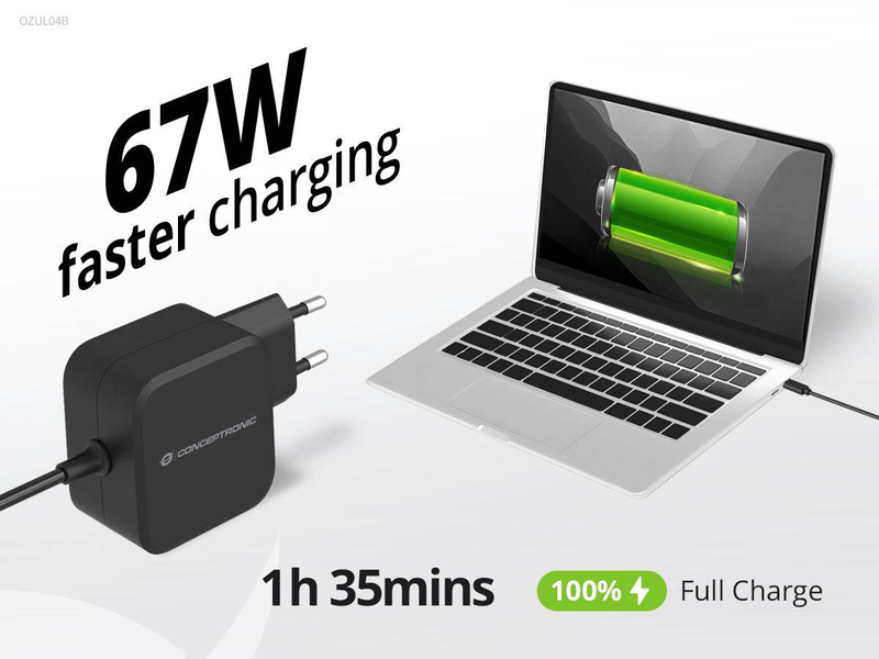 Conceptronic ozul04be 67w gan USB-c pd charger with pps built-in 1.8m cable up to 21v black-null