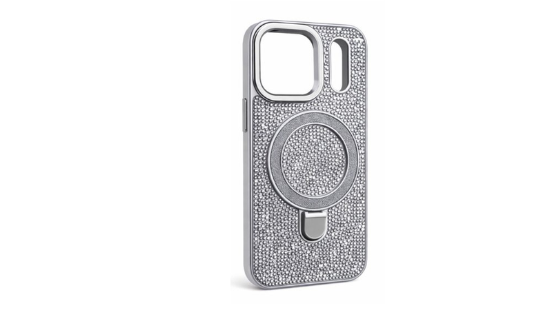 Silver rhinestone phone case with built-in ring stand for iPhone 17 pro, , medium-null