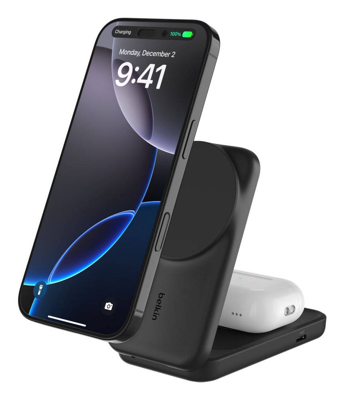 Belkin ultracharge / wireless charging stand / 2-in-1, qi2, magnetic, foldable + ac power adapter / 25 watt / ultra fast charge (24 pin USB-c) / black, , medium-null