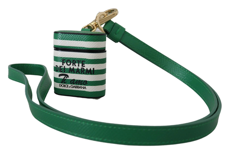 Green leather strap gold metal logo AirPods case-null