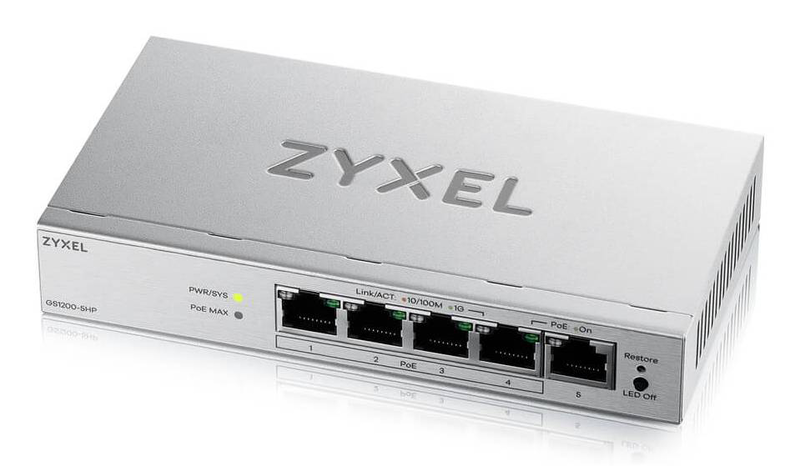Zyxel gs1200-5hpv3 5-port gigabit web-managed poe+ switch, 4 poe+ ports, 68w budget-null