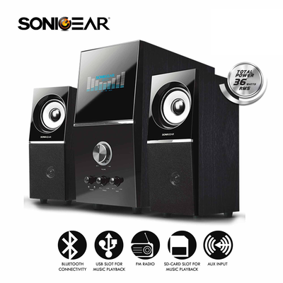 Sonicgear evo5 pro btmi 2.1 USB/bt speakers 72w •type: 2.1 •power(max): 72w •bluetooth: yes •USB/mp3 player: yes •fm radio: yes •sd card: yes