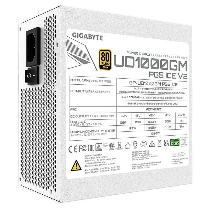 Gigabyte ud1000gm pg5 v2 ice 1000w atx 3.1 psu 80+ gold cybenetics platinum fully modular 12v-2x6 white-null