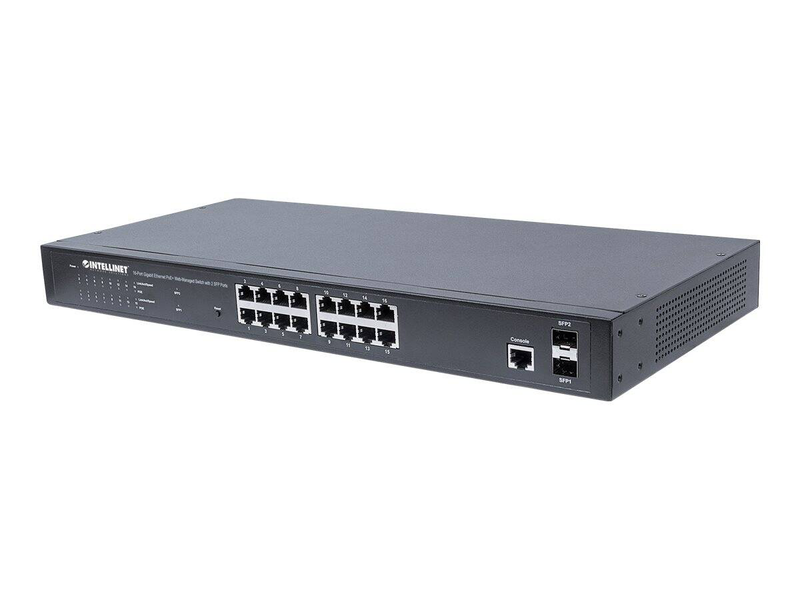 Intellinet 561198 16-port gigabit poe+ managed switch | 2 sfp | 374w | buffer memory (kbytes): 512 | link aggregation groups: 8 | 2.5 kg, , medium-null