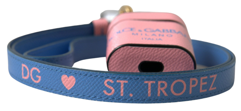 Pink blue calf leather logo print strap AirPods case-null