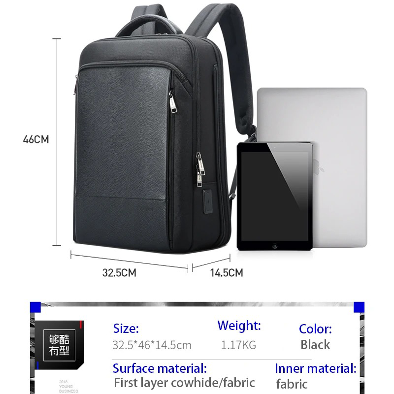 Bopai boston leather expandable business laptop backpack, , medium-null