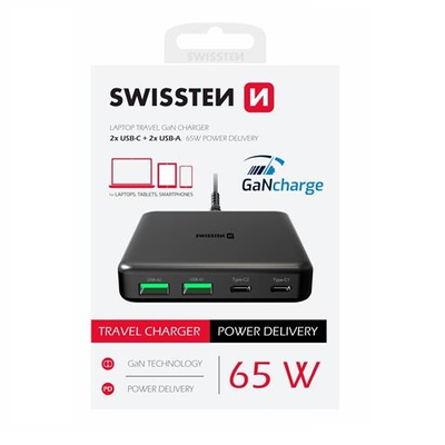 Swissten desktop gan travel charger 2x USB-c + 2xUSB 65w power delivery black