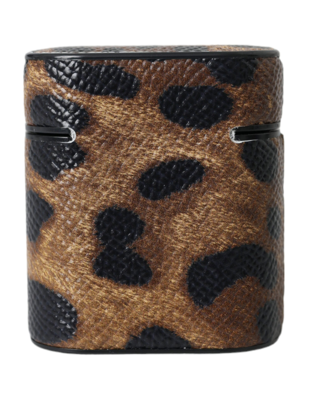 Brown leopard calf leather metal logo plaque AirPods case-null
