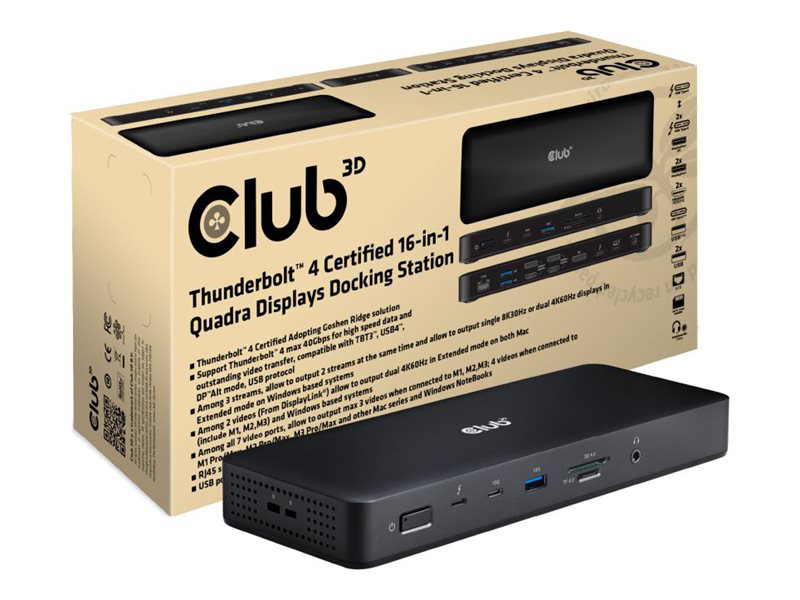 Club 3d csv-1583 thunderbolt 4 certified 16-in-1 docking station multi-display 8k30 dual 4k60 3x dp 2x HDMI 2.5GBe 96w-null