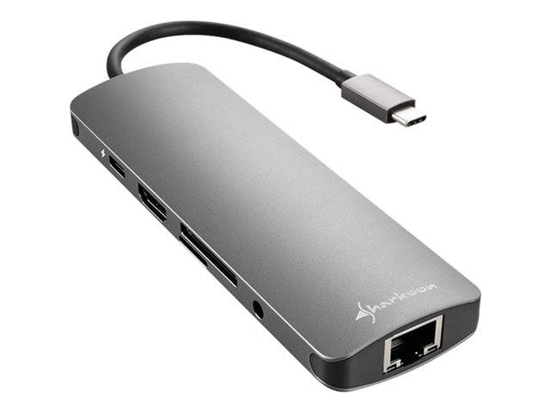 Sharkoon USB-c combo adapter 4k HDMI gigabit ethernet 100w pd 3x USB 3.0 5GBps sd microsd audio dark grey-null