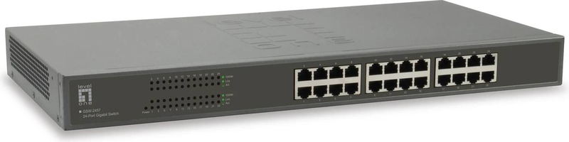 Levelone gsw-2457 24-port gigabit ethernet unmanaged switch 10/100/1000 mbps rj-45 48GBps rackmount 1u fanless black-null