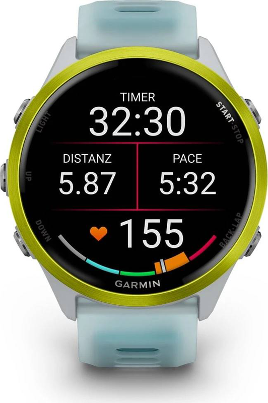 Garmin forerunner 570 GPS running smartwatch | 47mm | amOLED | amp yellow aluminium | translucent whitestone/turquoise band, , medium-null