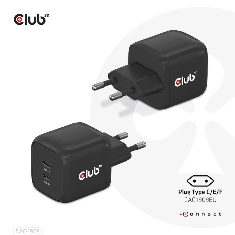Club 3d cac-1909 / power adapter / pps and gan technology / 45 watt / 3 a / pd 3.0 / 2 output connectors (2 x USB-c) / on cable: USB-c / european union, , medium-null