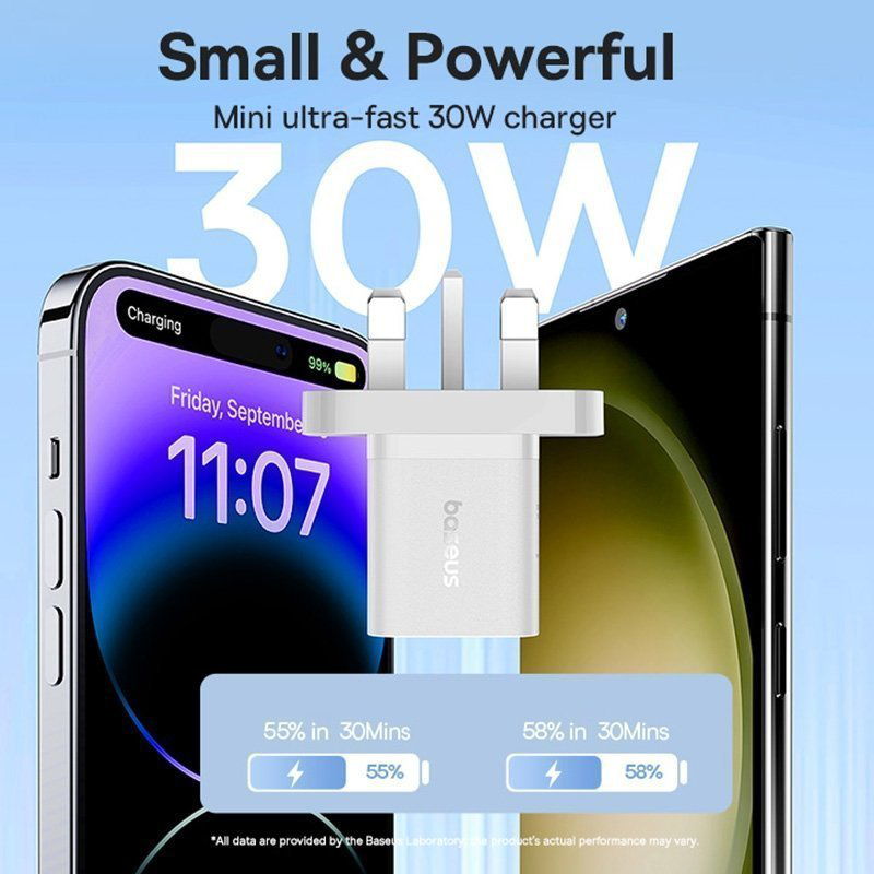Baseus charger wall 30w USB-c uk mini gan5 white, , medium-null