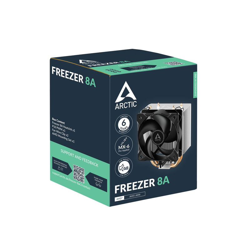 Arctic freezer 8a compact tower CPU cooler 2 heatpipes 100mm pwm fan AMD am5 am4 pre-applied mx-6 black-null