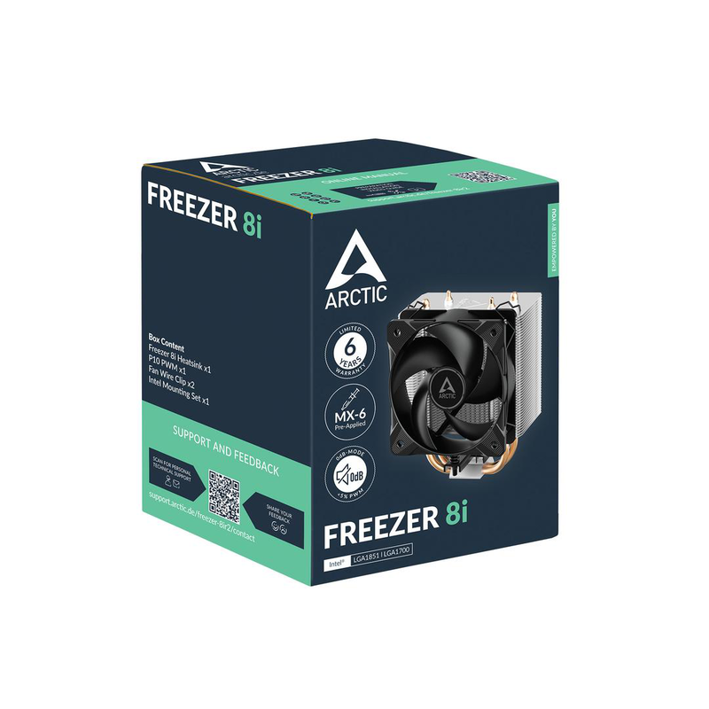 Arctic freezer 8i compact tower CPU cooler 2 heatpipes 100mm pwm fan intel lga1851 lga1700 mx-6 black-null