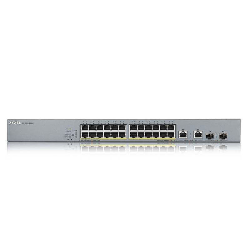 Zyxel gs1350-26hp 24-port gigabit smart managed poe+ surveillance switch 375w with 2 combo gbe sfp uplinks, , medium-null