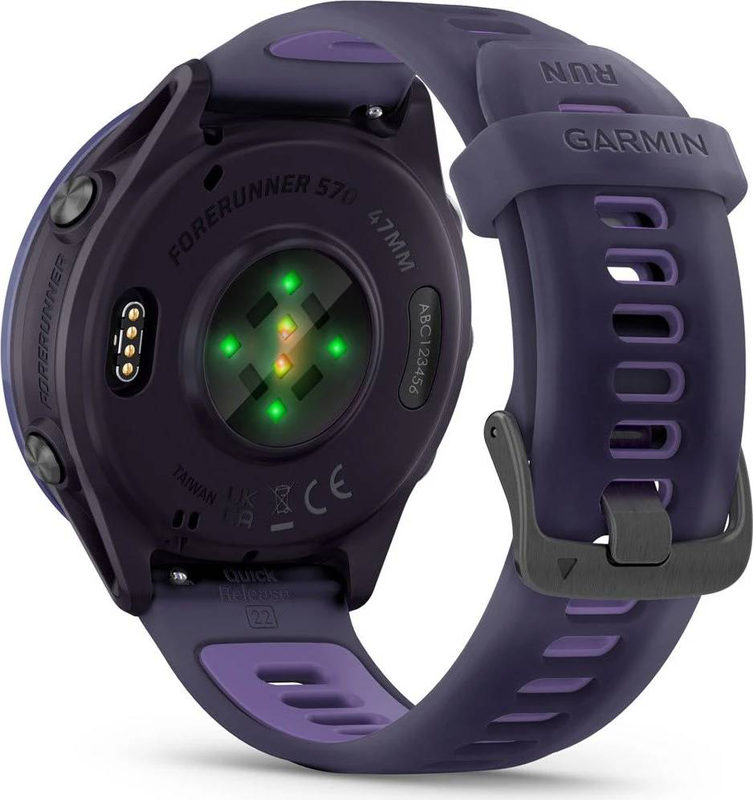 Garmin forerunner 570 GPS running smartwatch | 47mm | amOLED | indigo aluminium | translucent imperial purple/indigo band, , medium-null