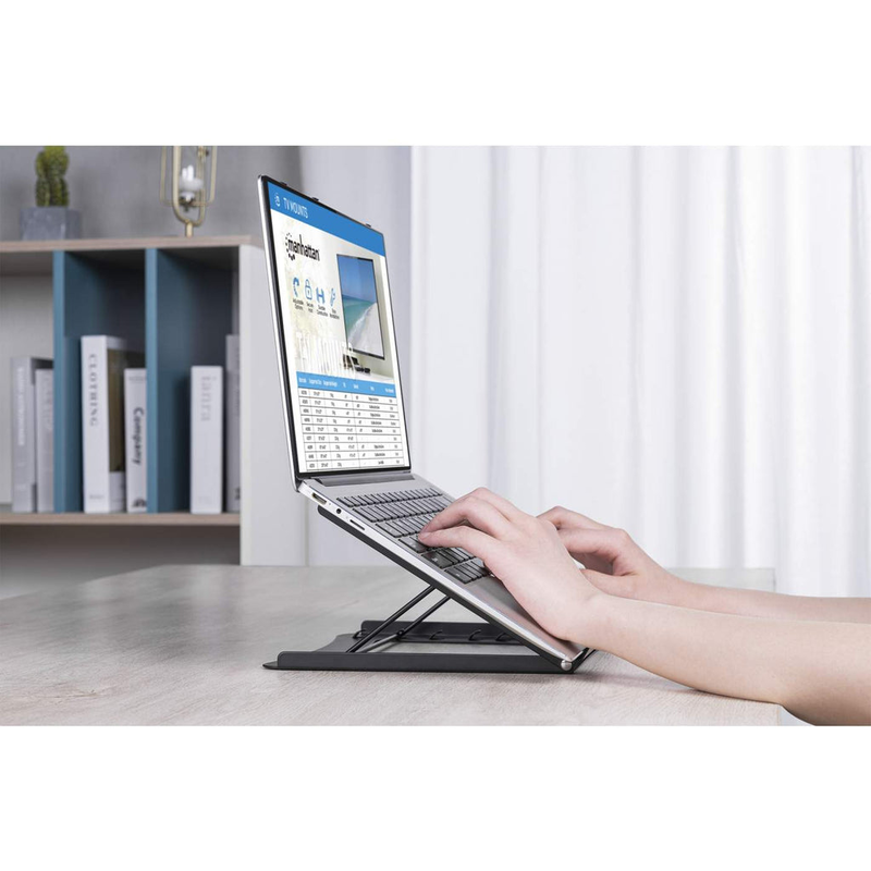 Manhattan laptop and tablet stand, adjustable (5 positions), suitable for all tablets and laptops up to 15.6", portable and lightweight, steel, black, lifetime warranty - notebook / tablet stand - 10" - 15.6" - black, , medium-null