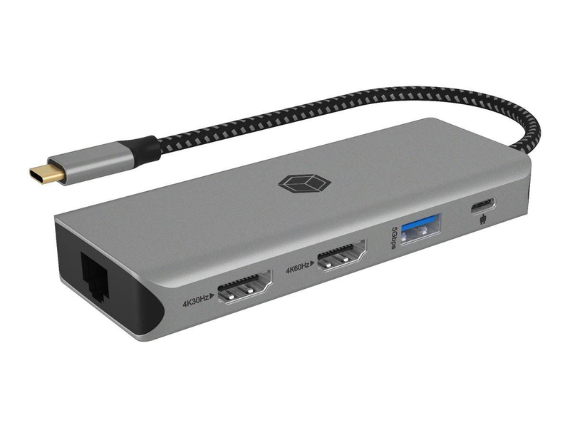 Icy box ib-dk4012-cpd 9-in-1 USB-c docking station 2x HDMI 4k gigabit ethernet 100w pd 3x USB sd microsd grey-null