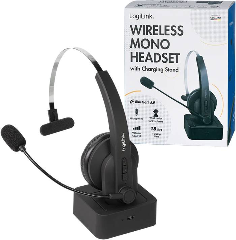 Logilink bt0059 mono bluetooth 5.0 headset on-ear wireless with charging stand folding boom mic USB-c black-null