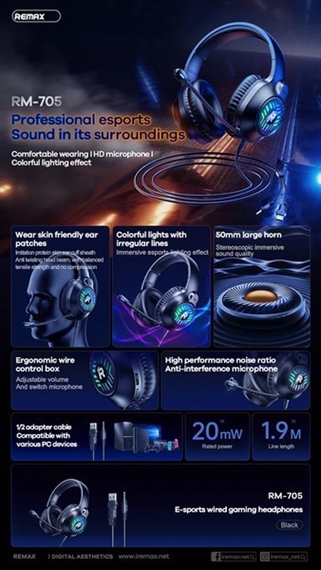 Remax wired headphones earphones gaming headphone headset with mic, , medium-null