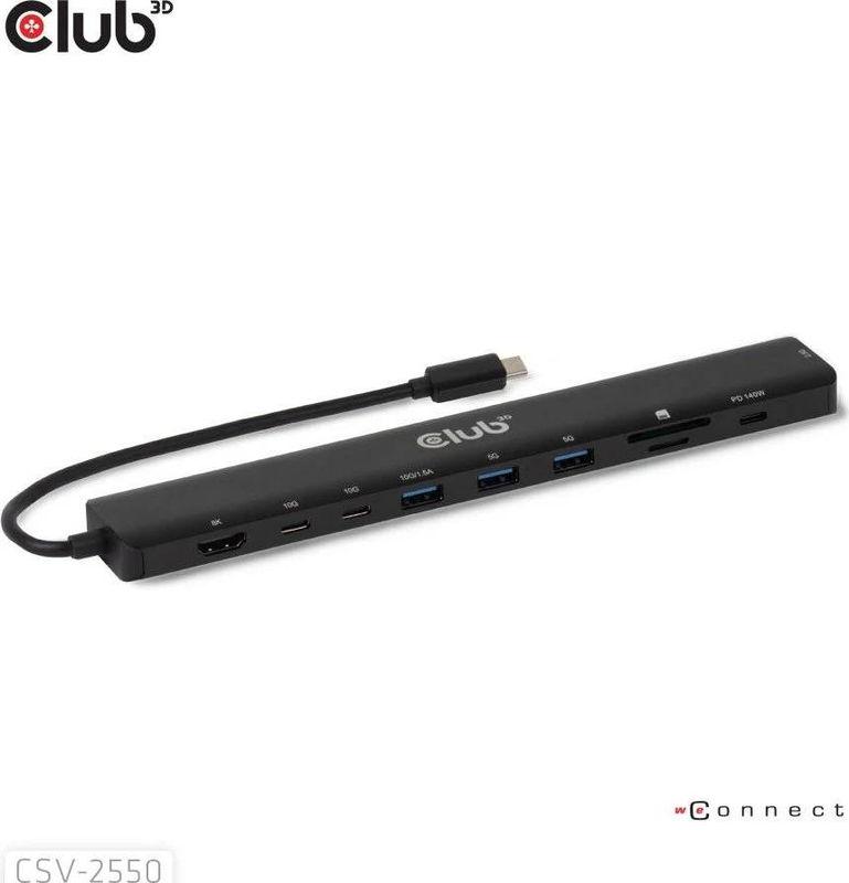 Club3d csv-2550 USB-c 10-in-1 portable dock HDMI 2.1 8k 30hz 2.5G ethernet 140w pd 3.1 10GBps USB black-null