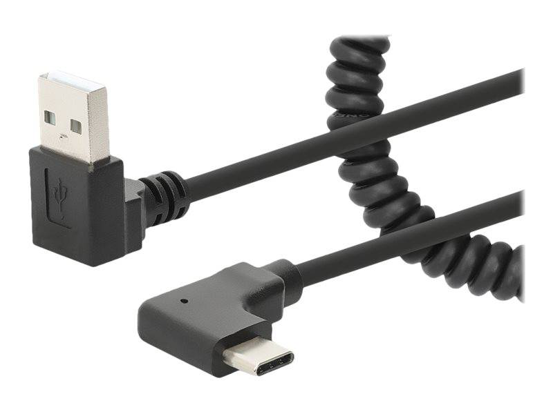 Manhattan USB-c to USB-a cable, 1m, male to male, black, 480 mbps (USB 2.0), tangle resistant curly design, angled connectors, ideal for charging cabinets/carts, hi-speed USB,-null