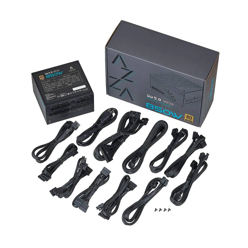Azza psaz-850g 850w power supply atx 3.0/3.1 80 plus gold fully modular 16-pin pcie 5.0 12v-2x6 120mm black-null