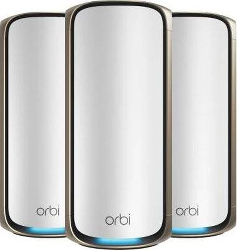 Netgear orbi 970 rbe973s quad-band Wi-Fi 7 mesh system 3-pack be27000 27GBps 10 gig port 200 devices white-null